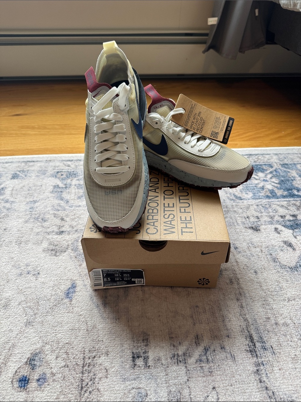 Nike Waffle One Crater Impact Sneakers in Beige, Navy & Burgundy Accents